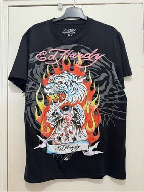 Ed Hardy Black Tiger Flames T-Shirt size S unisex